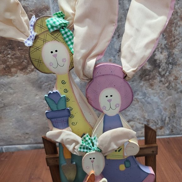 Easter Decor Wooden Three Bunny Rabbts Cloth Ears - Picture 12 of 13